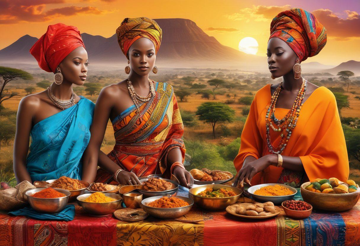 A vibrant collage showcasing a variety of African cuisines on one side, with colorful traditional garments and accessories on the other. The background features iconic African landscapes, blending culinary and fashion elements seamlessly. Use bright colors to enhance the cultural richness and diversity. super-realistic. vibrant colors. 3D.