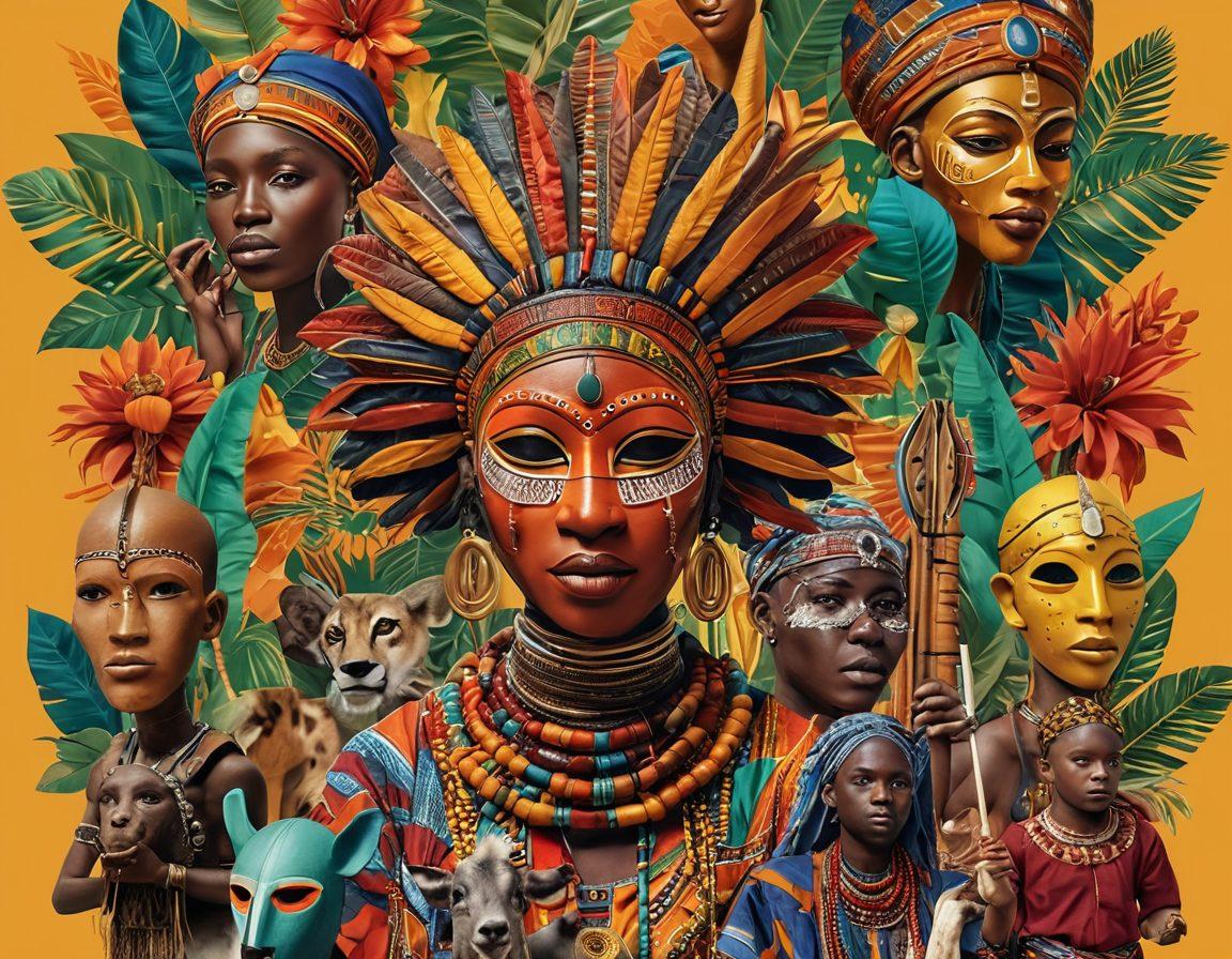 A colorful collage depicting diverse African cultural elements like traditional masks, textiles, and instruments, intertwined with a blog interface featuring vibrant text snippets and photos. Surround the elements with lush landscapes, animals, and local people celebrating in festive attire, emphasizing the rich heritage and community spirit. The overall composition should reflect warmth and inclusivity, inviting viewers to explore further. 3D. vibrant colors. painting.