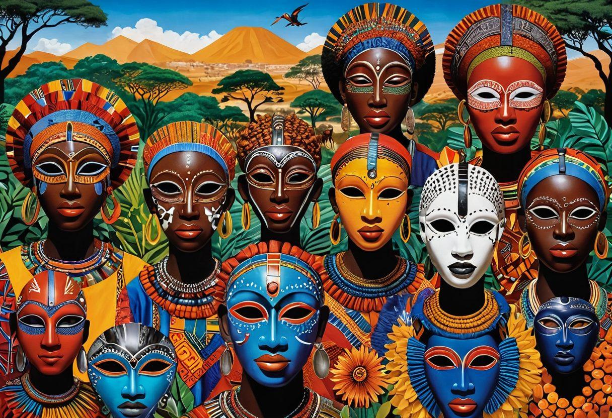 A vibrant and colorful collage showcasing various forms of African art, including intricate masks, traditional textiles, and pottery. The backdrop features scenes of everyday African lifestyle, depicting people engaged in storytelling and art creation amidst lush landscapes. The overall composition should evoke a sense of cultural richness and diversity. vibrant colors. super-realistic.
